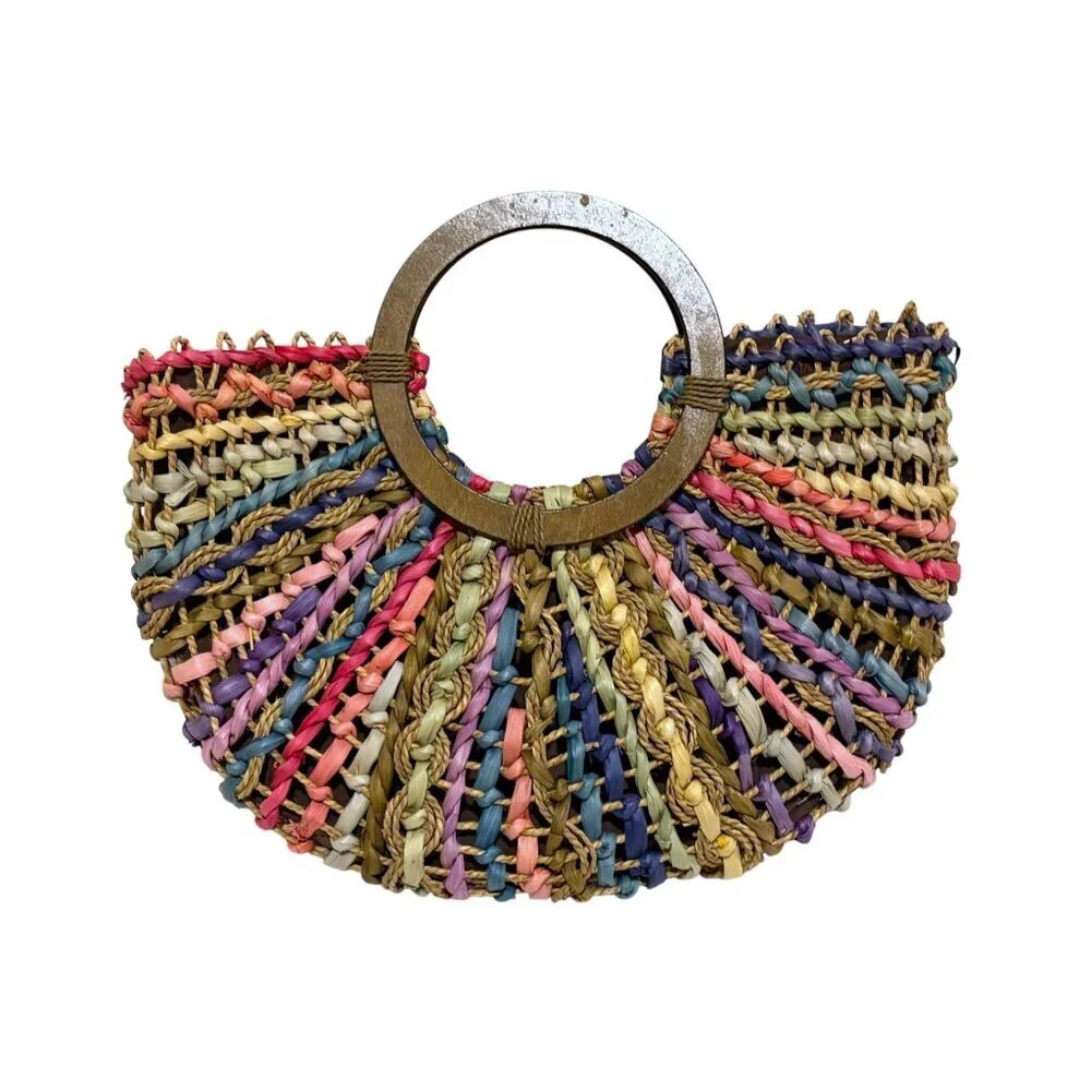 Cappelli Straworld Multicolor Woven Straw Round Handle Shoulder Bag Resort Beach